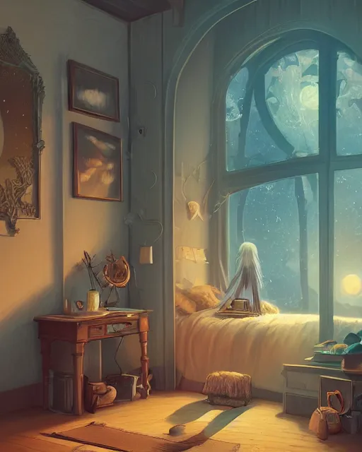 Image similar to beautiful painting of a elven bedroom, art by mike winkelmann, golden hour, illustration, highly detailed, simple, smooth and clean vector curves, no jagged lines, vector art, smooth, artstation