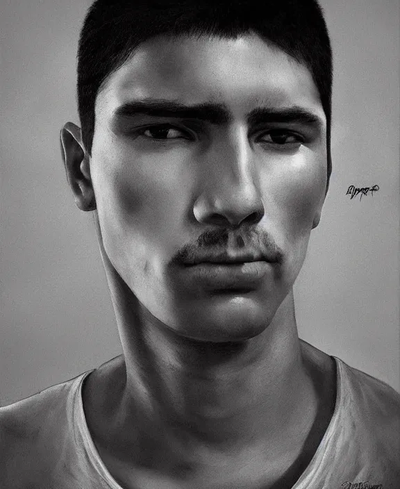 Image similar to heroic portrait of a handsome young mexican prisoner art by denys tsiperko and bogdan rezunenko, hyperrealism
