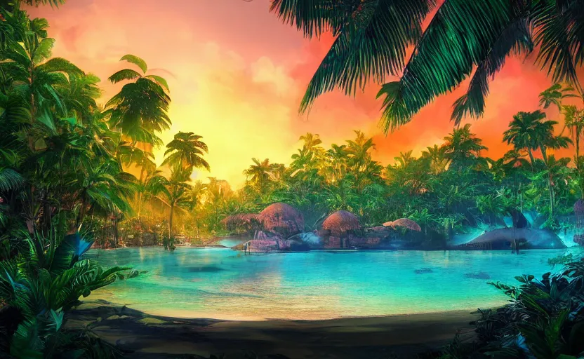 Image similar to a tropical resort in a jungle paradise, with a beautiful red and blue sunset, dynamic lighting, photorealistic fantasy concept art, trending on art station, stunning visuals, creative, cinematic, ultra detailed, ray tracing, sun rays, native tribes, wonderous waters, amazing detail