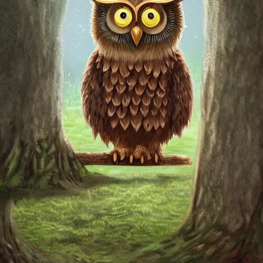 Prompt: A detailed, highly realistic anthropomorphic owl with a viking helmet and round shield standing in front of a tree, an anthropomorphic owl with a fluffy face wearing armor in front of a tree, digital art, artstation
