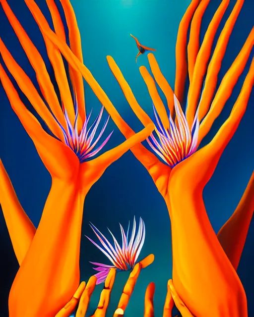 Image similar to neo-surreal painting of very detailed veiny human hands holding Birds of Paradise flowers robert steven connett dramatic orange light 8k high angle shallow depth of field