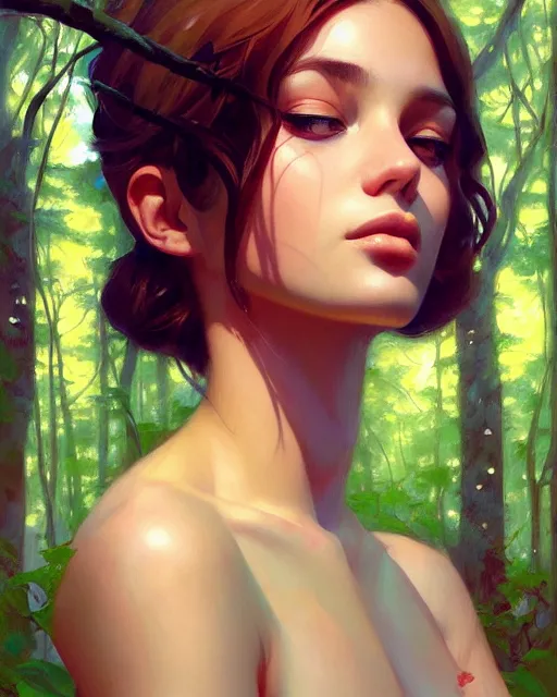 Image similar to stylized portrait of an artistic pose, composition, young forest nymph surrounded by nature, realistic shaded, fine details, realistic shaded lighting poster by ilya kuvshinov, magali villeneuve, artgerm, jeremy lipkin and michael garmash and rob rey