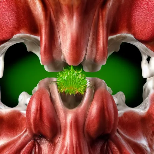 Image similar to a Venus flytrap growing in the mouth of a skull, photo, detailed, 4k