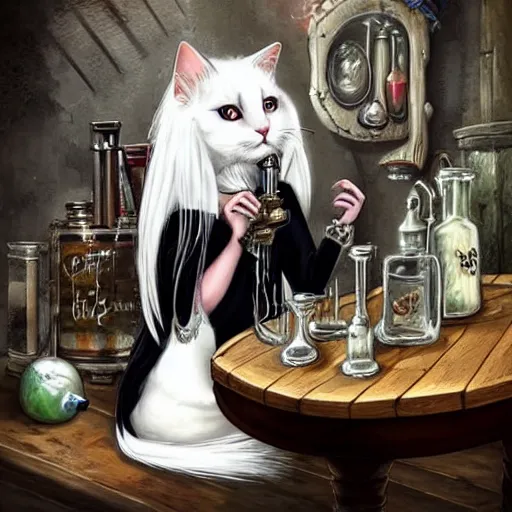 Prompt: a full body beautifull witch with white hair in an old room a cristal ball on wood table. with a potions and old instruments. on the floor a white cat licking his paw. in a fantasy style paiting