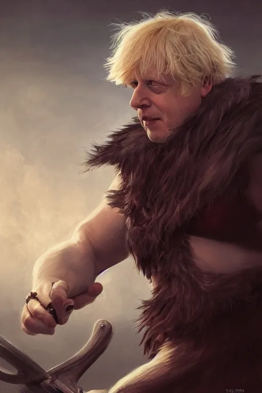 Image similar to Boris Johnson as Odin, Boris Johnson hairstyle, full body realistic portrait, highly detailed, muscular body, digital painting, artstation, concept art, smooth, sharp focus, illustration, cinematic lighting, art by artgerm and greg rutkowski and alphonse mucha