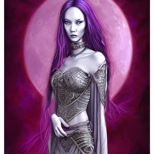 Prompt: portrait of young slim prophetess of the moon, silver filigree armor, purple hair, translucent skin, beautiful! coherent! by brom, by junji ito, strong line, high contrast, muted color