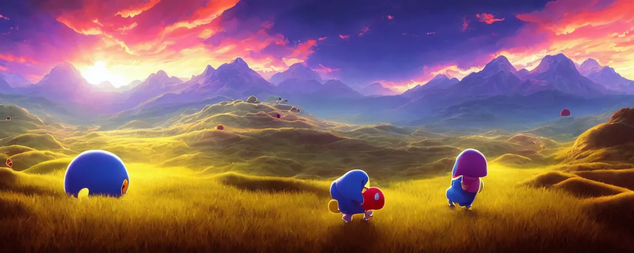 Image similar to detailed round pacman being chased by ghosts, in a beautiful nature landscape with clouds, mountains, in background, sunset, by rhads, round pacman, detailed, coherent