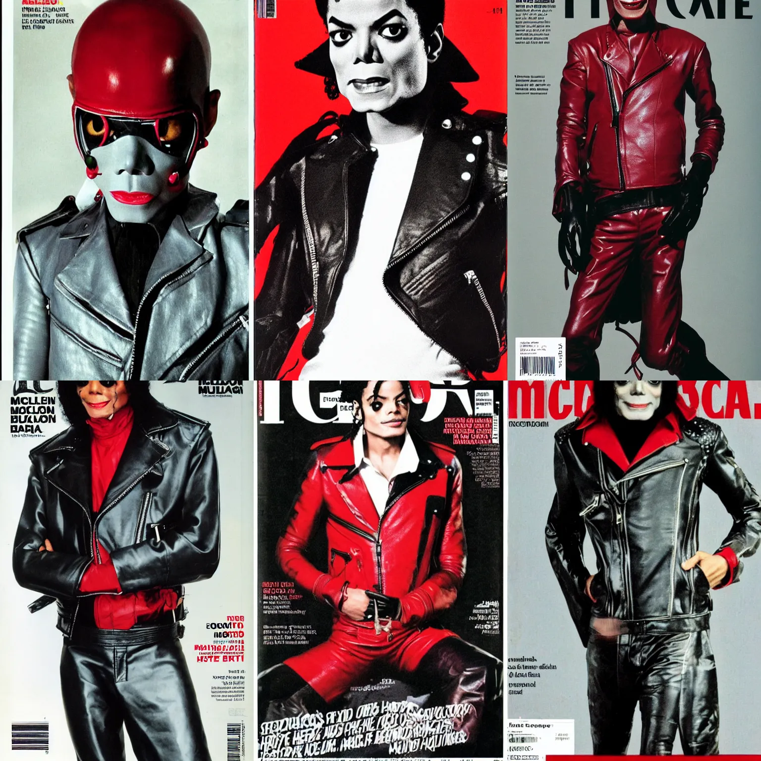Prompt: bald michael jackson, with grey skin, huge bulbous black eyes, sectoid, alien head, martian, wearing the red leather motorcycle jacket from thriller, high fashion magazine cover.