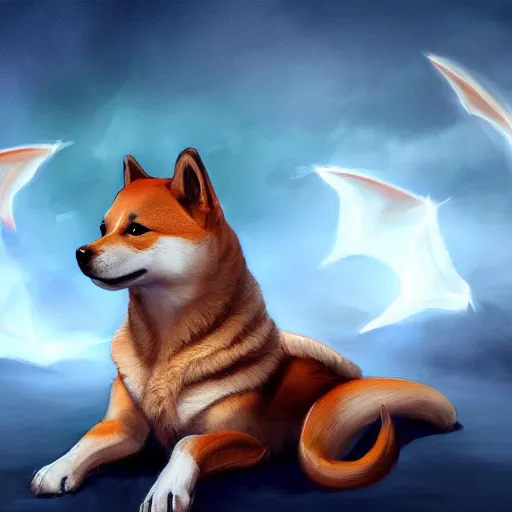 Image similar to a painting of a shiba inu with dragon wings, hd, hdr, ue 5, ue 6, unreal engine 5, cinematic 4 k wallpaper, 8 k, ultra detailed, high resolution, artstation, award winning