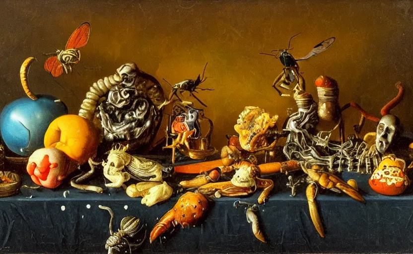 Image similar to disturbing colorful oil painting dutch golden age vanitas still life with bizarre objects strange gooey surfaces shiny metal bizarre insects rachel ruysch dali todd schorr very detailed perfect composition rule of thirds masterpiece canon 5 0 mm, cinematic lighting, photography, retro, film, kodachrome