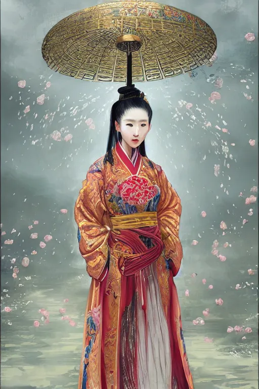 Image similar to portrait wuxia Asian heroine, holy and elite and divine, weraings Chinese costume, in forbidden City Rainning, flowers sea everywhere, ssci-fi, fantasy, intricate, very very beautiful, elegant, highly detailed, digital painting, artstation, concept art, smooth, sharp focus, illustration, art by tian zi and WLOP and alphonse mucha