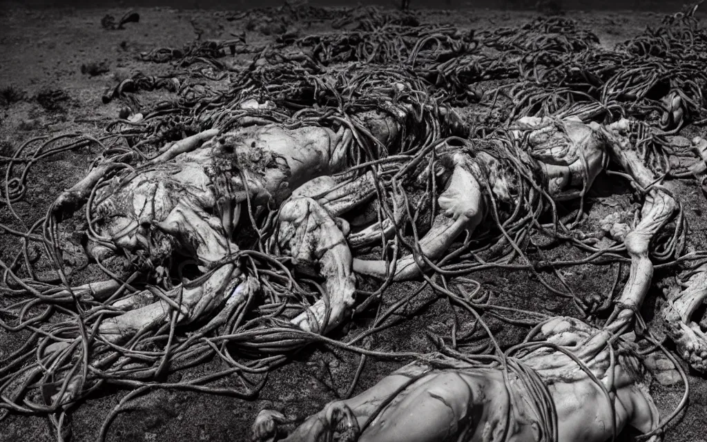 Prompt: in the desert a bloody gross horrifying the thing creature made of muscle and bone and blood stares at the camera, hundreds of black cables and wires wrap around the bodies, the drool comes out of the rotting bodies, eating, mid day, 3 5 mm photography, realistic,