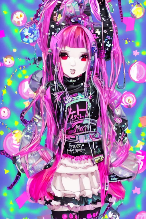 Image similar to cybergoth decora glitchcore yokai girl, sanrio ornaments, pastel cute cinematography | neo hong kong, rainy atmosphere, night time, bright lights, colorful signs, busy streets, high res, kowloon | anime decora gyaru kawaii fashion model, v tuber, darling in the frank,asuka, anime best girl, with glitch and scribble effects, psychedelic colors, 3d render octane, by wlop, wenjr, beeple, artstation,imaginefx