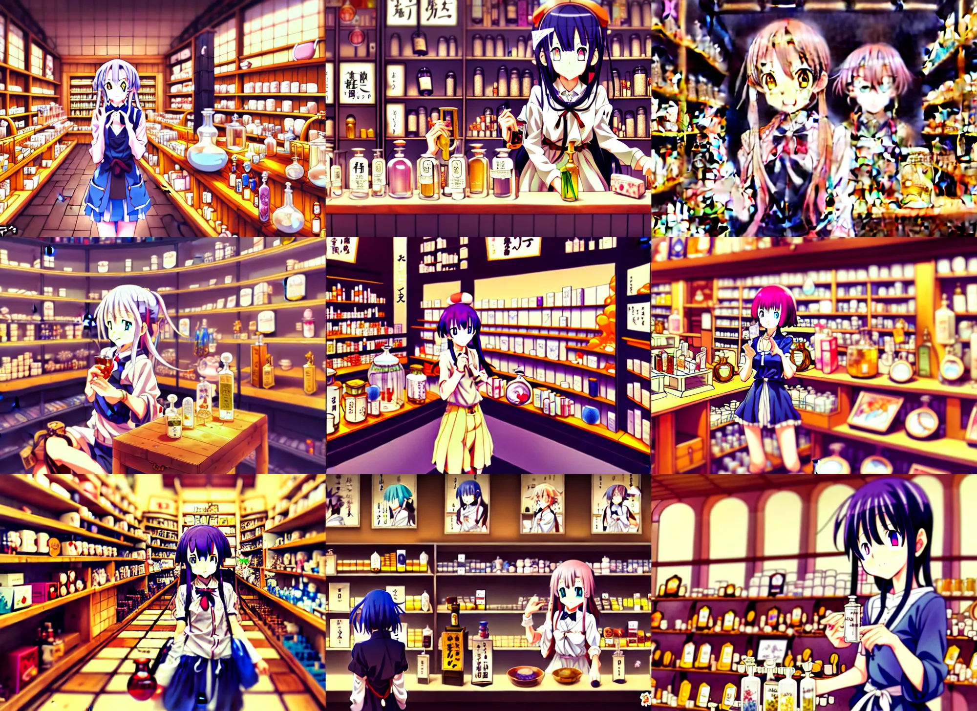 Prompt: anime frames, portrait of a young female traveler in a alchemist's potion shop interior shopping, cute face by murata range, yoh yoshinari, dynamic perspective pose, detailed, lomography, hdr,