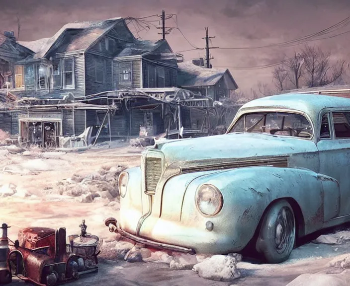 Image similar to an ice sculpture of a vintage car from fallout 4, digital art by studio ghibli and greg rutkowski, beautiful, cold environment, hyperrealism artstyle, amazing lighting