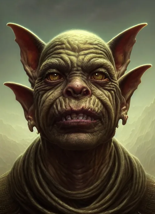 Image similar to closeup portrait shot of a goblin in a scenic dystopian environment, intricate, elegant, highly detailed, centered, digital painting, artstation, concept art, smooth, sharp focus, illustration, artgerm, tomasz alen kopera, peter mohrbacher, donato giancola, joseph christian leyendecker, wlop, boris vallejo