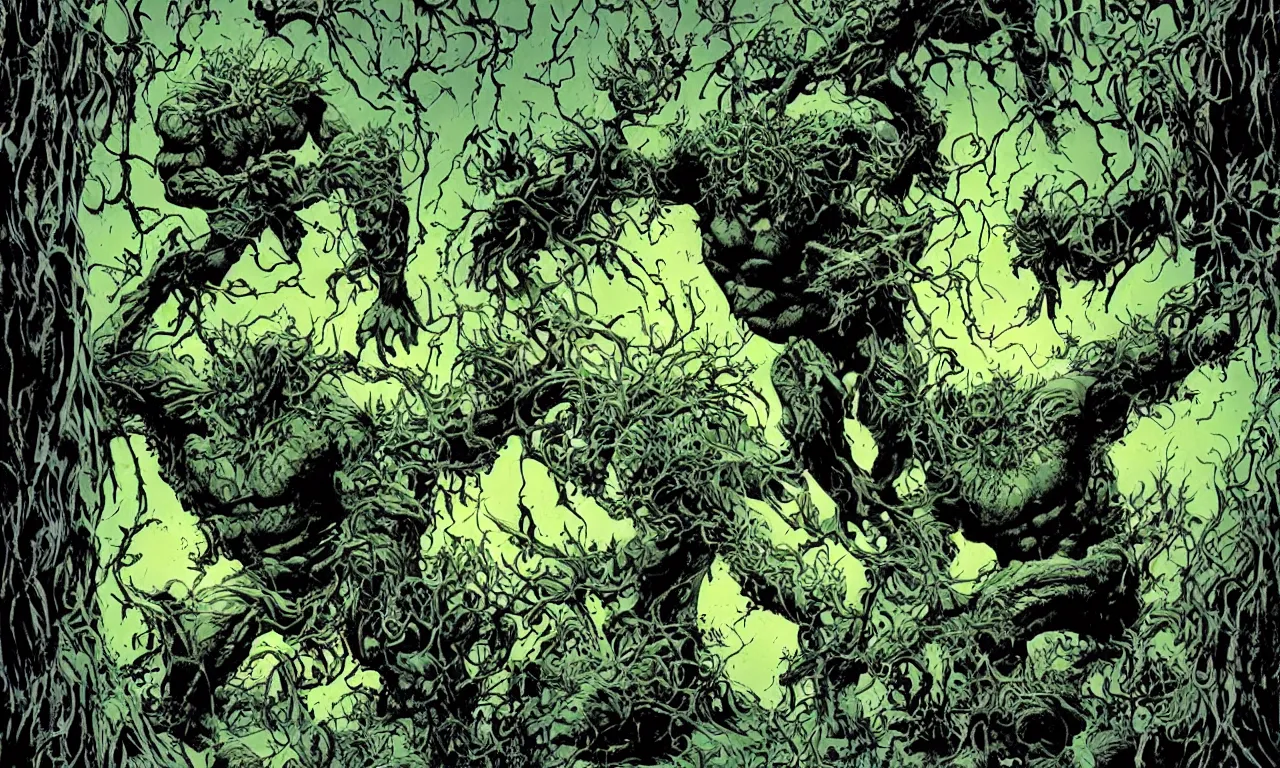 Image similar to swamp thing in a dynamic action pose, forward angle, dramatic night lighting, by bernie wrightston, mike mignola and bill sienkiewicz, monstrous faces blended in the background scenery, canopy of drippy trees