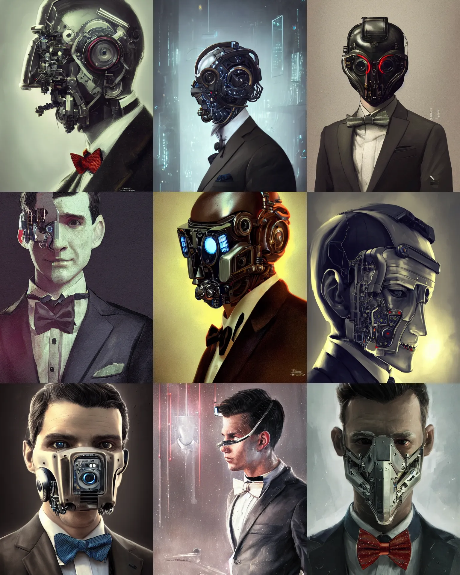 Image similar to a clever young engineer man with cybernetic enhancements wearing a suit and bowtie, detailed mask, scifi character portrait by greg rutkowski, esuthio, craig mullins, 1 / 4 headshot, cinematic lighting, dystopian scifi gear, gloomy, profile picture, mechanical, half robot, implants, steampunk