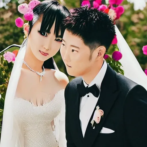 Prompt: saitama one punch man instagram couple's wedding photo shoot, closeup photo