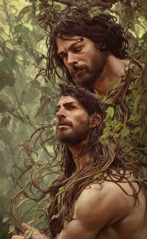 Image similar to god of the forest, 3 0 years old, rugged, male, gorgeous, detailed face, amazing, thighs, full body shot, long hair, muscular, intricate, highly detailed, digital painting, artstation, concept art, sharp focus, illustration, art by greg rutkowski and alphonse mucha