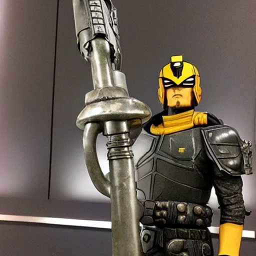 Image similar to statue of judge dredd holding a mechanical arm of fallen foe