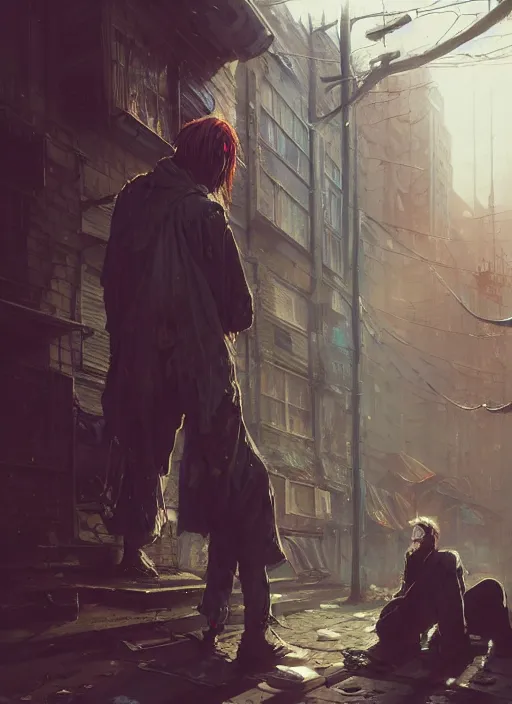 Prompt: Highly detailed portrait of homeless and beaten up Ghoul, Stephen Bliss, unreal engine, fantasy art by Greg Rutkowski, Loish, Rhads, ferdinand knab, Makoto Shinkai and Lois van baarle, ilya kuvshinov, rossdraws, Tom Bagshaw, alphonse mucha, global illumination, radiant light, detailed and intricate environment