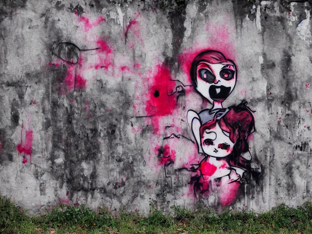 Image similar to graffiti in an abandoned graveyard, cute fumo plush gothic black enigmatic maiden girl painted in spilt red ink and washed watercolor, avant garde pop art, filmic, daylight, captured on canon eos r 6