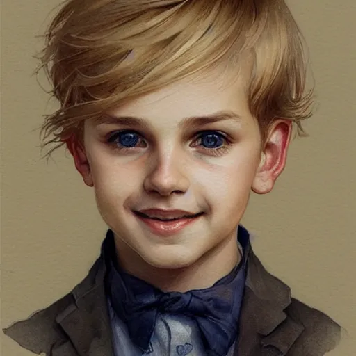 Prompt: young boy, blonde hair, happy eyes, smile, gorgeous, amazing, delicate, elegant, intricate, highly detailed, watercolor, portrait, artstation, concept art, sharp focus, illustration, art by artgerm and greg rutkowski and alphonse mucha