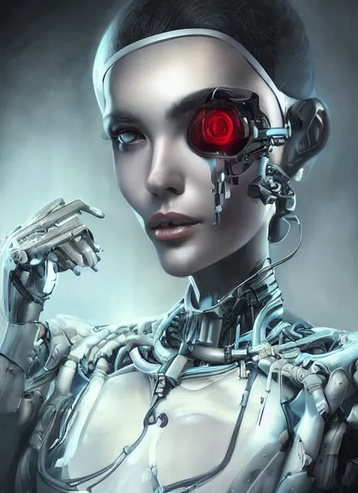 Image similar to a beautiful woman with a cybernetic endoskeleton, painted by artgerm and tom bagshaw, fantasy art, dramatic lighting, highly detailed oil painting