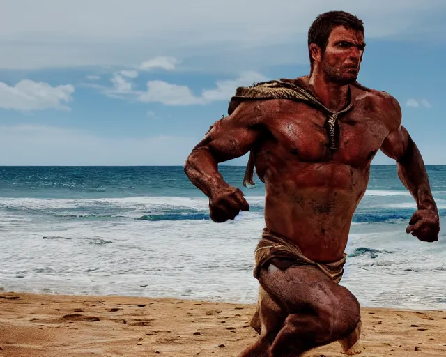 Image similar to single spartan running on australian beach, epic award winning action cinematic still from the movie 3 0 0, 8 k, global illumination, detailed face, muscles, rim highlights, hyper realistic