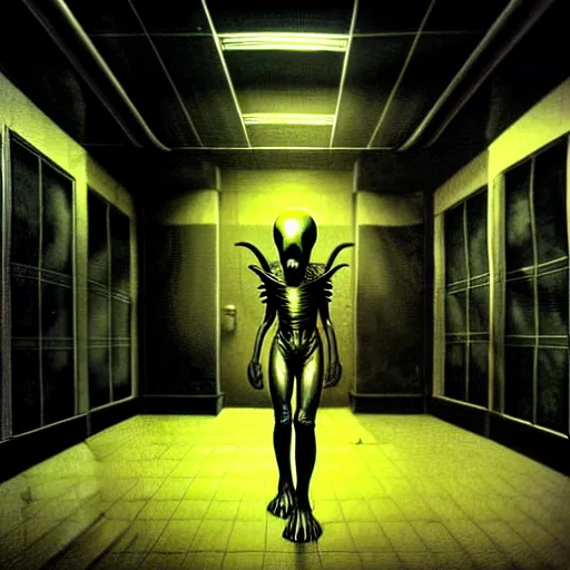 Image similar to black glossy xenomorph, alien movie, endless empty office building, pale yellow wallpaper, moist brown carpet, dim fluorescent lighting, artstation, ultra detailed, creepy, dramatic lighting, photorealistic, art by h. r. giger