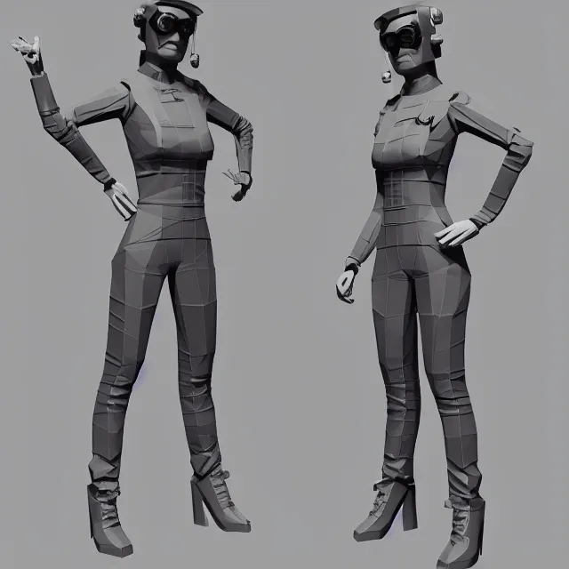 Image similar to Low poly clay render of a cyberpunk lady pilot