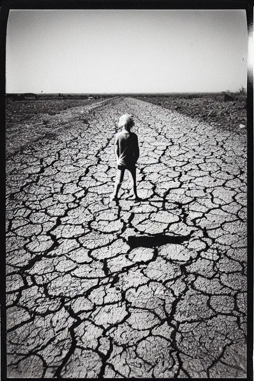 Image similar to photo polaroid of a sad and lonely child in the middle of a road of dry mud, drought, loneliness, black and white ,photorealistic, 35mm film,