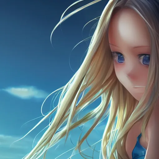 Image similar to bird perspective : a giant macro very beautiful young yuuki asuna, full body, long wavy blond hair, sky blue eyes, full round face,, bikini, miniskirt, stepping on a miniature city, cinematic wallpaper by stanley artgerm lau