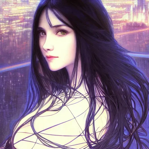 Image similar to portrait of a woman, long black hair, in front of a sci fi cityscape, by tetsuya nomura and annie swynnerton, makoto shinkai, alphonse mucha, detailed, cinematic, wide angle, dark sepia toned shading, luminescent eyes, detailed face, expressive eyes, blue fire everywhere, trending on artstation.