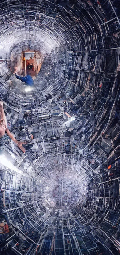 Image similar to wide shot of a man getting trapped inside cern large hadron collider, his body getting pulled apart by particle collision, rendered in octane