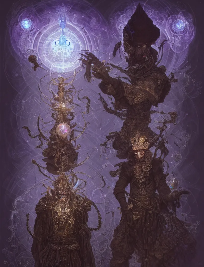 Image similar to front shot of a court jester character, hyperdimensional, bioluminescent hypercubes, dark holography!!!, (((intricate))), elegant, highly detailed, centered, (((artstation, concept art, smooth, sharp focus, artgerm, Tomasz Alen Kopera, Peter Mohrbacher, donato giancola, Joseph Christian Leyendecker, WLOP, Boris Vallejo))), mugshot!!!!!, ugly!!!!!!, octane render, nvidia raytracing demo, octane render, nvidia raytracing demo, octane render, nvidia raytracing demo, grainy, muted, 8K, digitalblasphemy, metatron