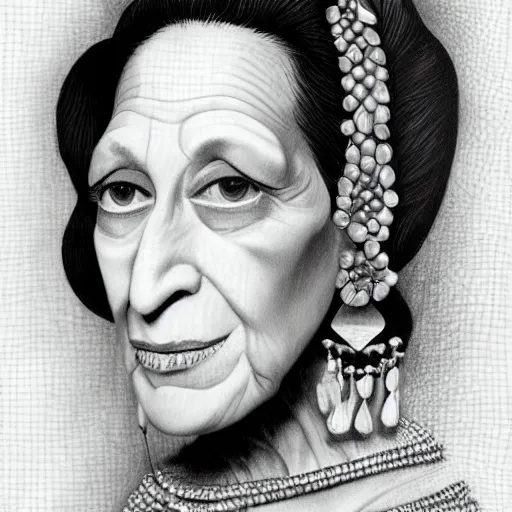 Image similar to pencil illustration of Diana vreeland highly detailed, cinematic,