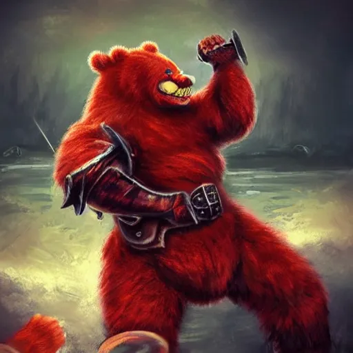 Prompt: angry red bear wearing armor attacking a foe, realistic art style