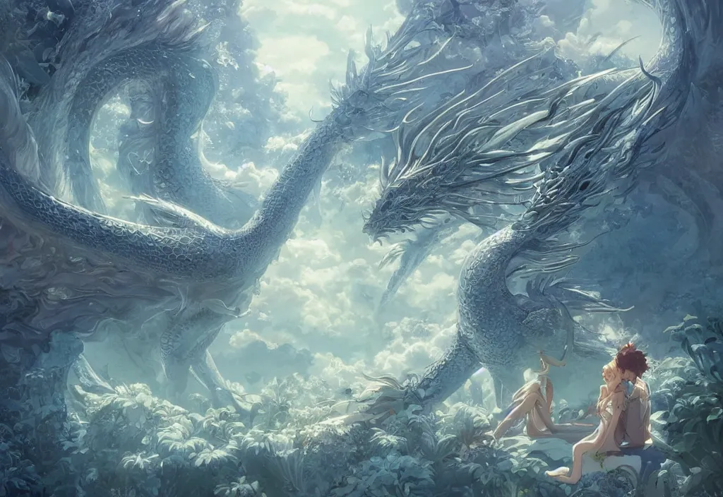 Image similar to the beautiful hyper detailed scene render that a beautiful girl lies in the arms of a huge silver dragon alone in the fairyland surrounded by white clouds, in the style of makoto shinkai victo ngai and peter mohrbacher studio ghibli artgerm karol bak beeple, animation style, 8 k hd, dream, ultra wide angle, animation style