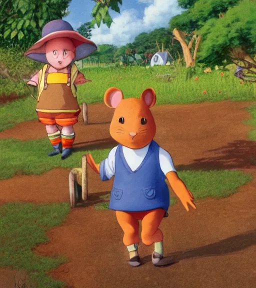 Prompt: a detailed painting of an anthropomorphic hamster kid wearing shorts and suspenders in a rural village, cute, colourful, detailed, high quality, pastel colours, brushed, 4 k, by studio disney and studio ghibli and maurice sendak and richard scarry