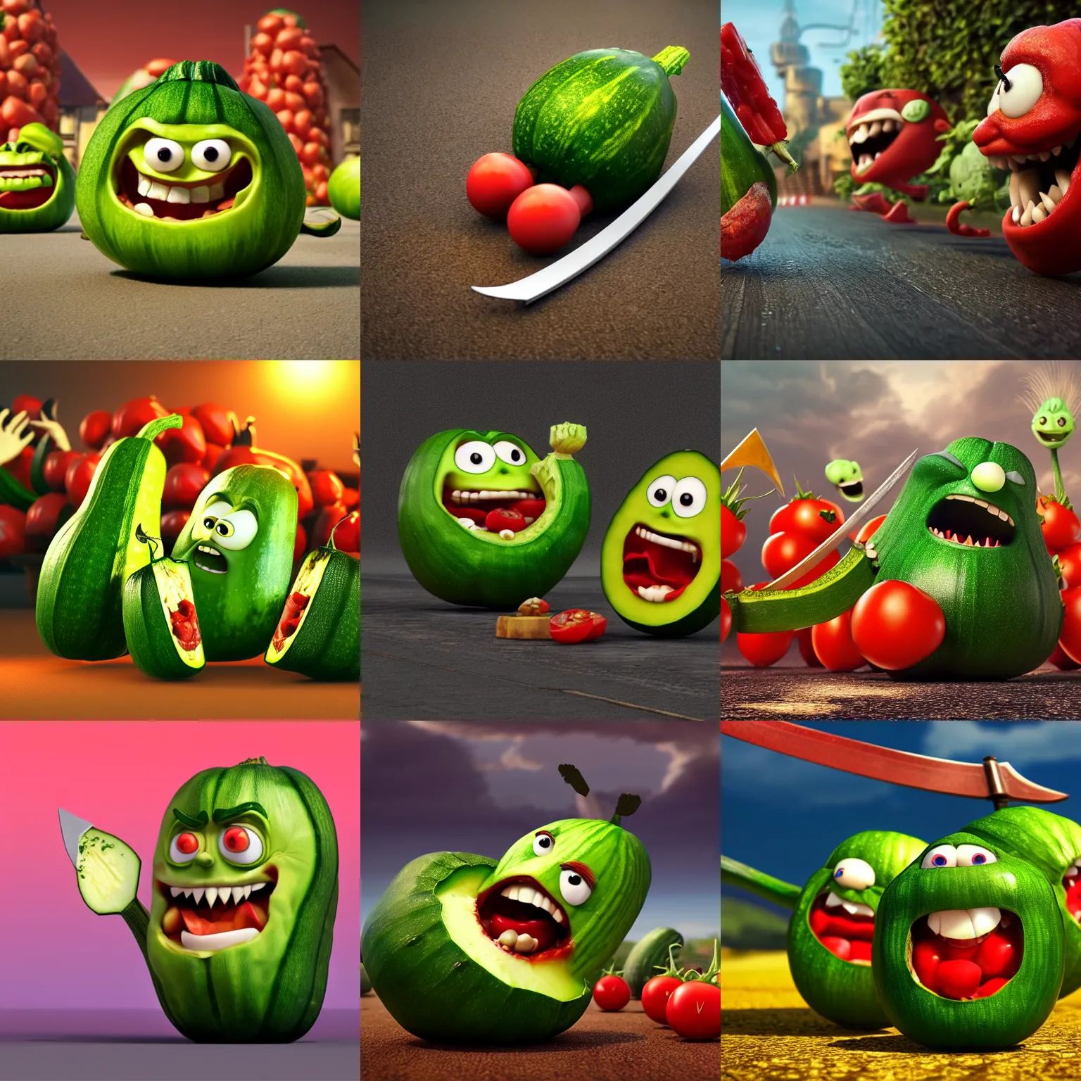 Prompt: detailed 3 d render of an angry furious zucchini with a bloody sword in his hand, running down the road chasing after a group of scared tomatoes, hyper realistic octane render, dramatic lighting, dark mood, nightmare, surrealism, pixar, disney, cartoon