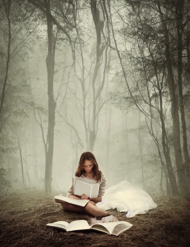 Image similar to Girl in white reading a book sitting on a tree in a foggy forest, Cinematic focus, Polaroid photo, vintage, neutral colors, soft lights, by Steve Hanks, by Serov Valentin, by lisa yuskavage, by Andrei Tarkovsky 8k render, detailed, oil on canvas