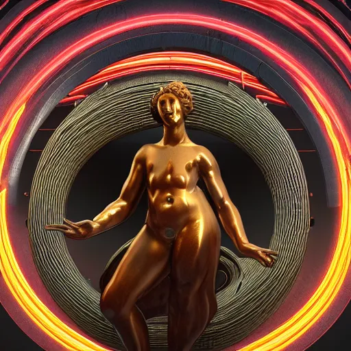 Prompt: a renaissance statue surrounded by a 3 d neon ring, 3 d render, black background, ray tracing, 8 k resolution, sharp focus, hyper detailed, hyper realistic