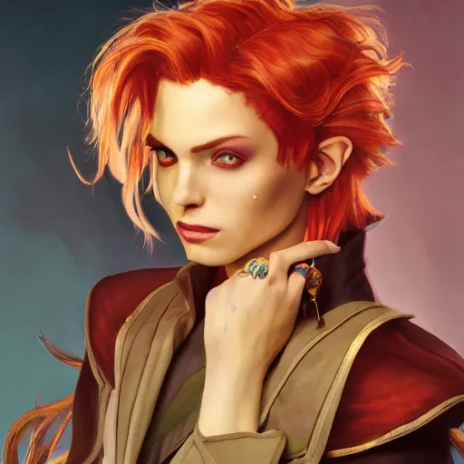 Prompt: dnd character portrait of a beautiful and androgynous half - elf with messy short red hair and catlike features and almond skin tone and yellow eyes with slit pupils, golden hour, wearing a colorful men's suit, realistic painting by ross tran and tasha beckwith and gerald brom and alphonse mucha, trending on artstation