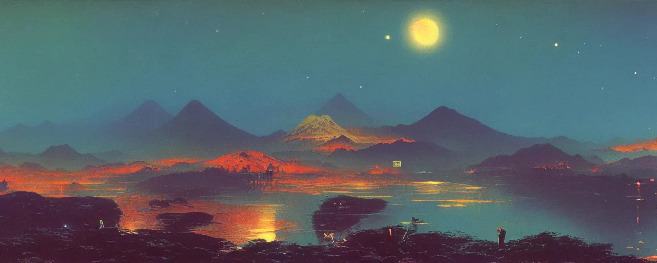 Image similar to awe inspiring bruce pennington landscape, digital art painting of 1 9 6 0 s, japan at night, 4 k, 8 k, hyperdetailed, minimalist