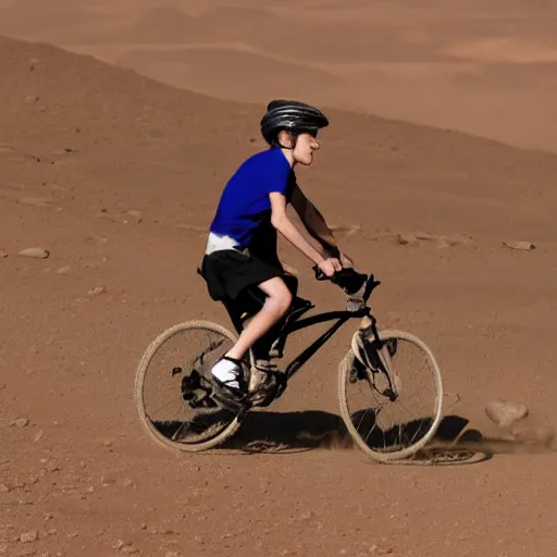 Prompt: justin bieber riding a bike on mars, photograph,