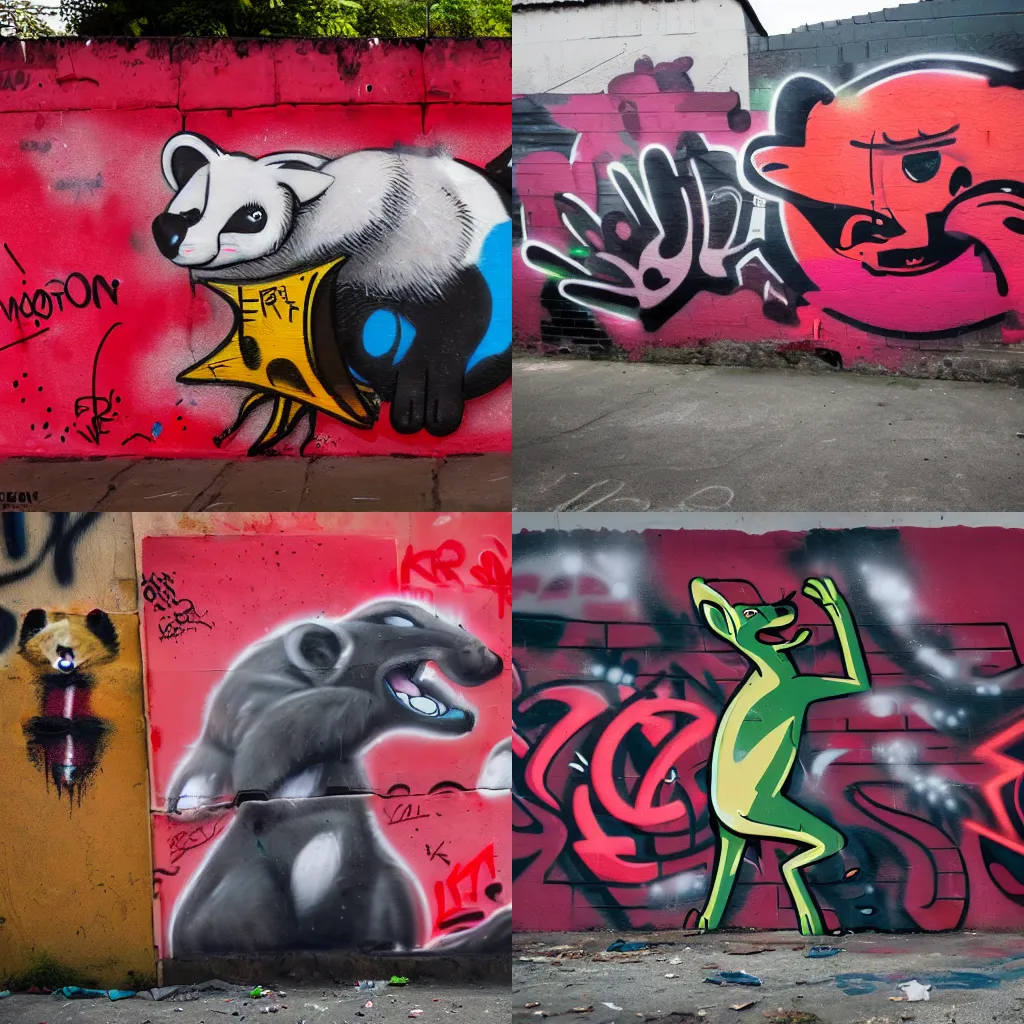 Prompt: photo ( far _ shot ), subject [ furry _ fandom _ fursona ( red - and - black, weasel - ferret - stoat, smoke - background ) ], medium [ graffiti ( spray - paint ), favela - wall ]