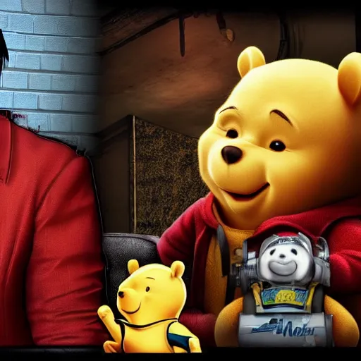 Image similar to screenshot of Keanu Reeves and Winnit the Pooh in fallout new vegas