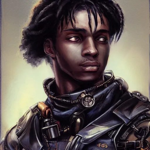 Image similar to portrait of a man by ayami kojima, afroamerican, he is about 2 0 years old, short black hair, annoyed older brother vibes, he is wearing a steampunk tactical gear, highly detailed portrait, digital painting, artstation, concept art, smooth, sharp foccus ilustration, artstation hq